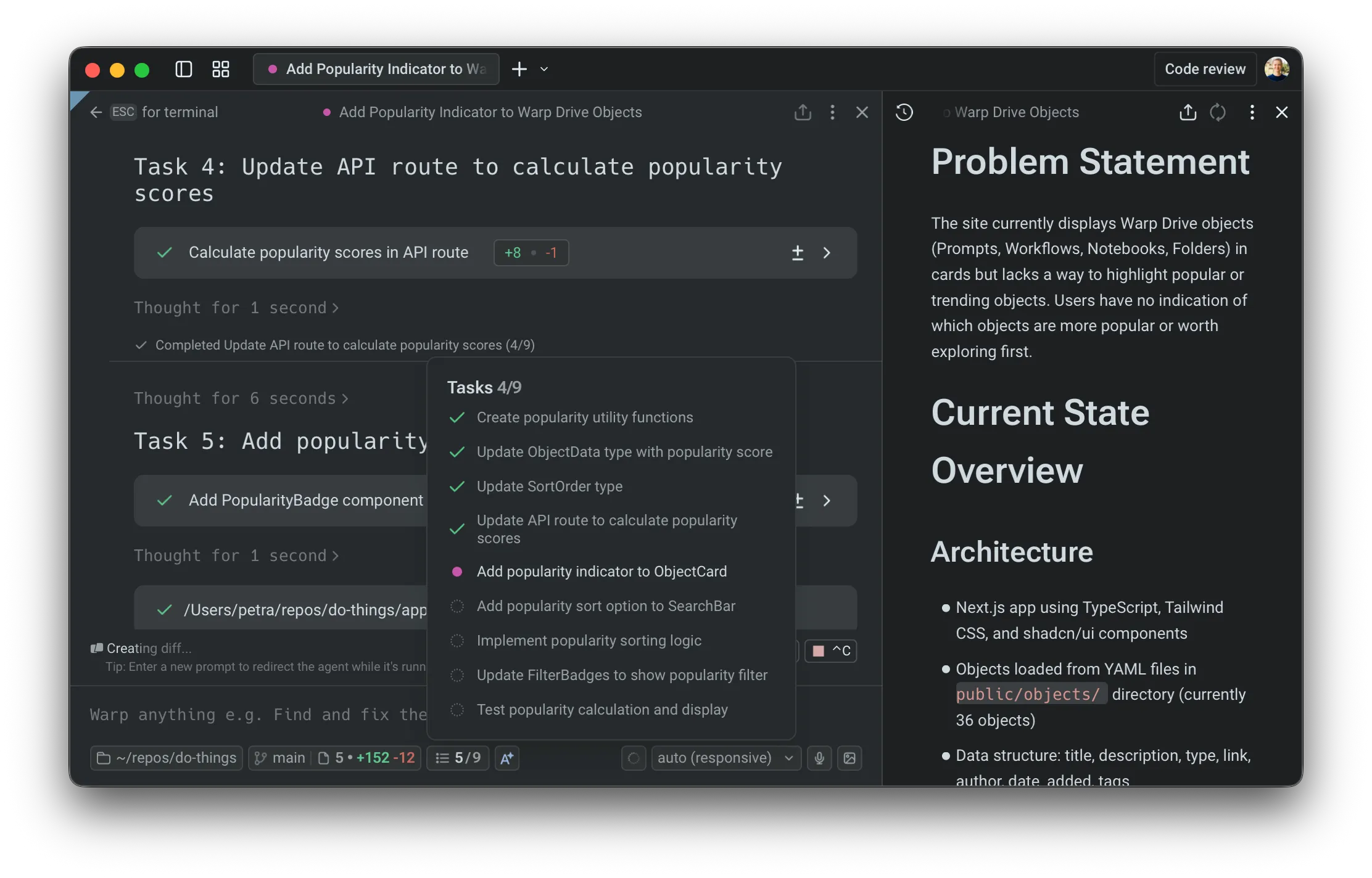 Monitoring progress with the task list and plan view.