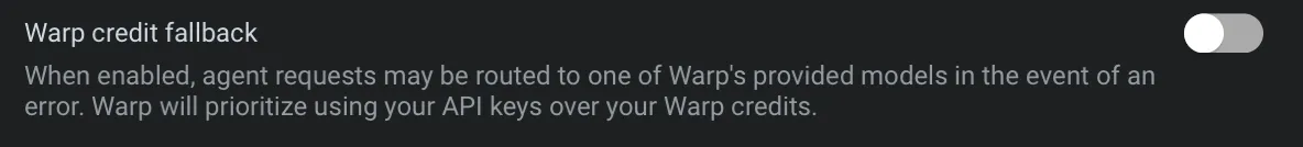 Setting to enable Warp credit fallback when a BYOK request fails.